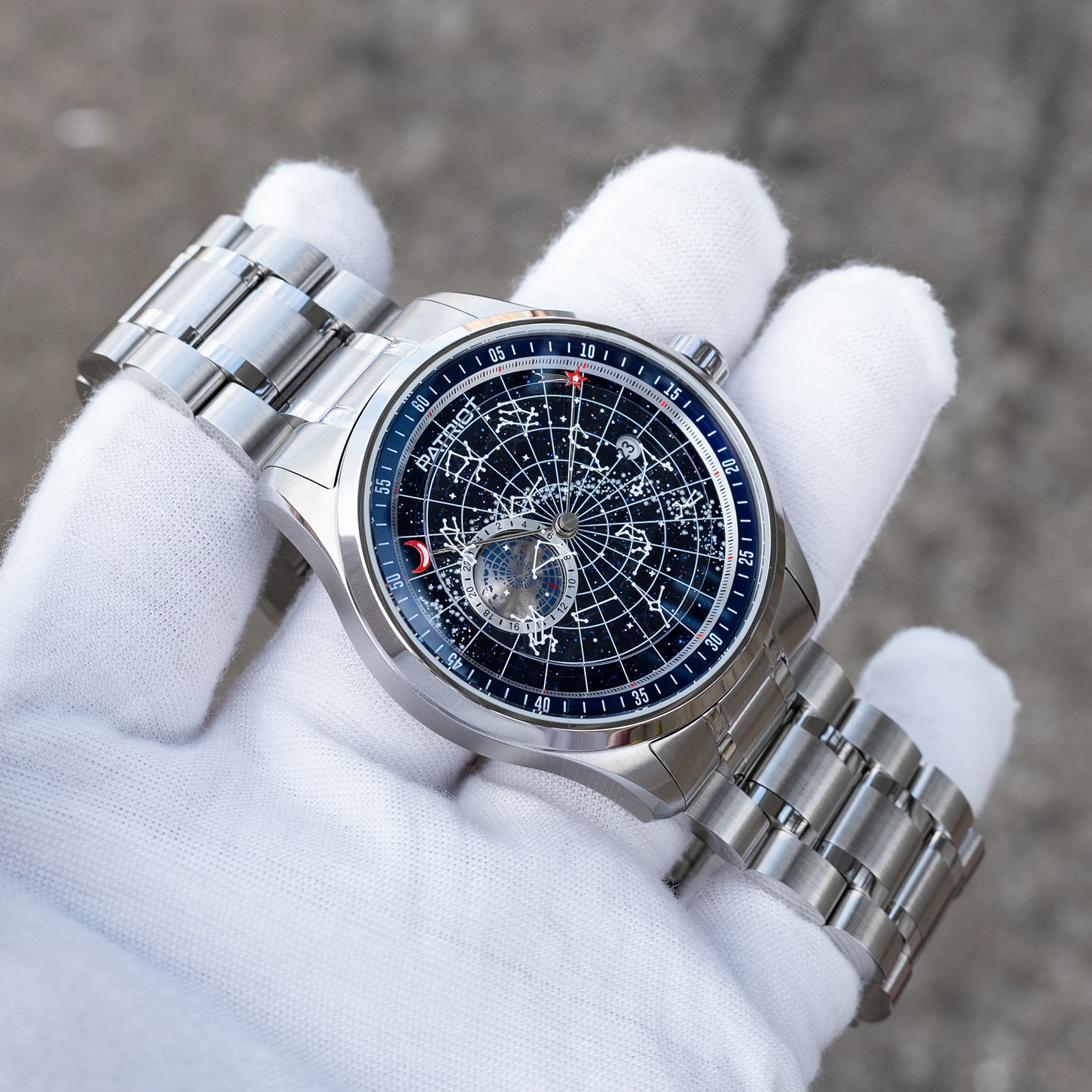 Patriot Men's Luxury Stainless Steel Earth Star Mechanical Watch Constellation Blue Dial Automatic Timepiece for Men PAT-STAR