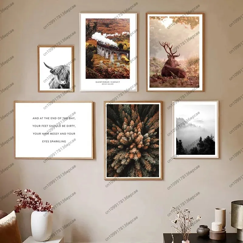 Скандинавский осенний пейзаж, современный лось и кленовый лист, холст без рамы, картины, постеры для гостиной, спальни, домашний настенный художественный декор