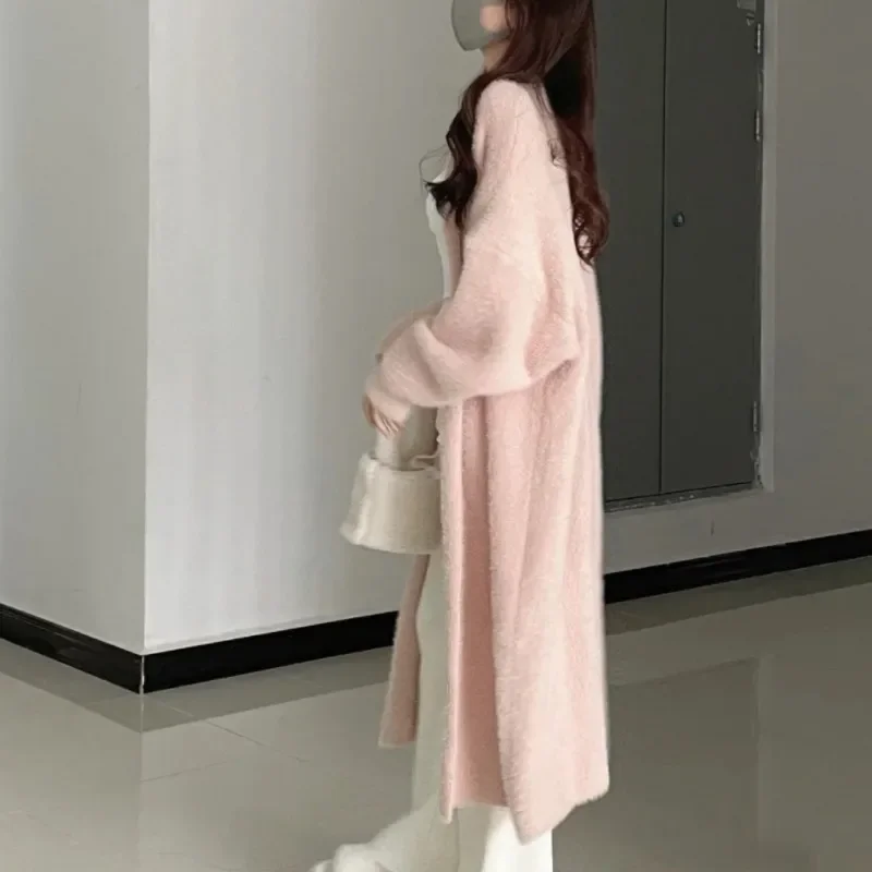 Soft Waxy Imitation Mink Wool Knitted Cardigan 2024 Autumn/winter New Loose Lazy Wind Mink Cashmere Long Knitted Coat Women Y2k