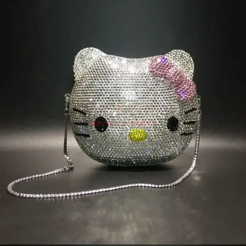 

Hello Kitty Anime Cartoon Shape Rhinestone Cartoon Full Of Diamonds Dinner Bag Handmade Diamond-set Lady's Clutch Christmas Gift