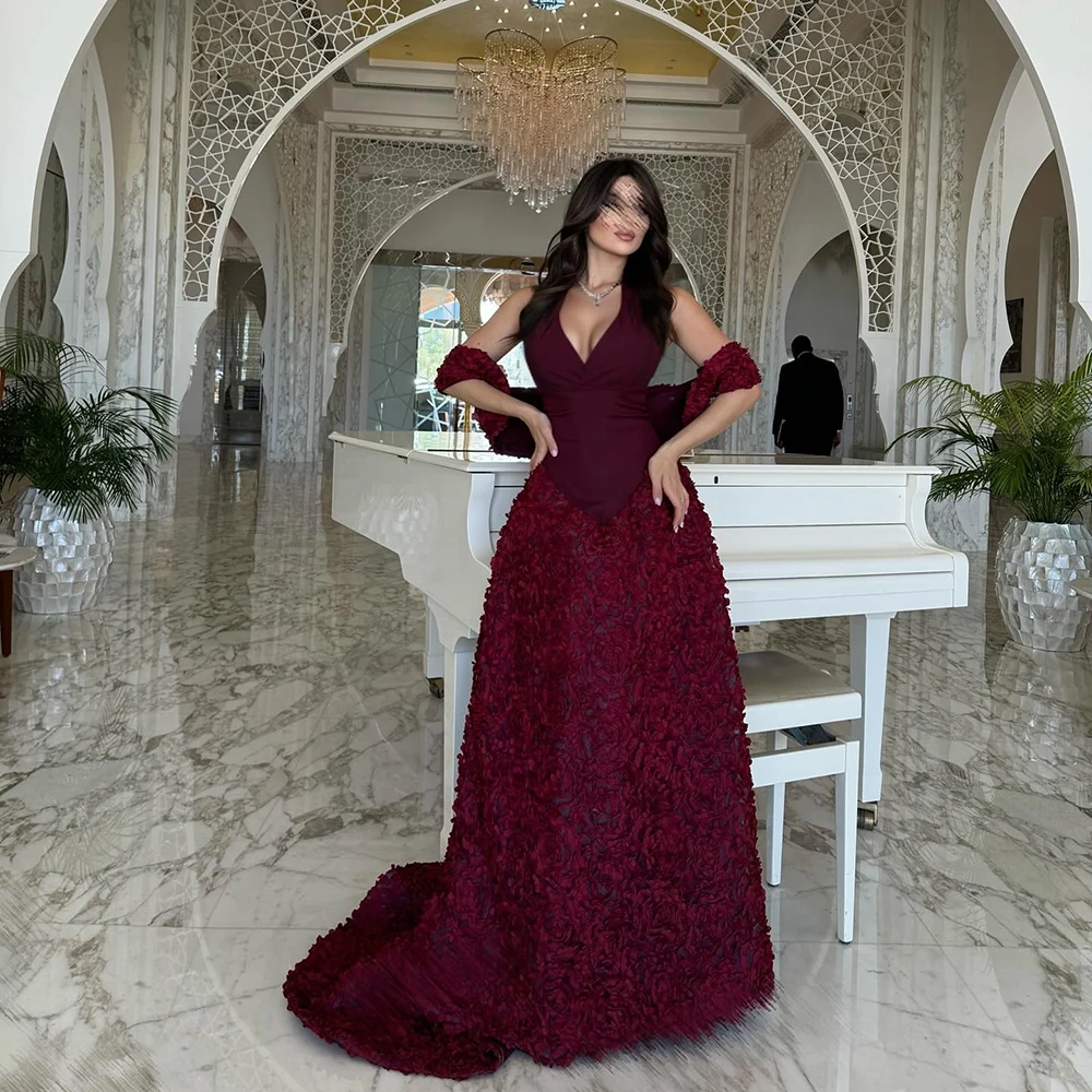 

Customized Simple V-neck A-line Jersey Formal Evening Dress Appliques with Sweep Train Party Dress Floor Length Prom Gown