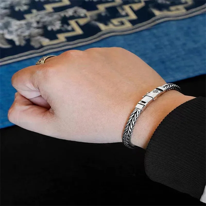 New S925 Sterling Silver Retro Thai Silver Simple Wind Hand Woven Bracelet Men's Versatile Bracelet Trend Hand Jewelry Bangle