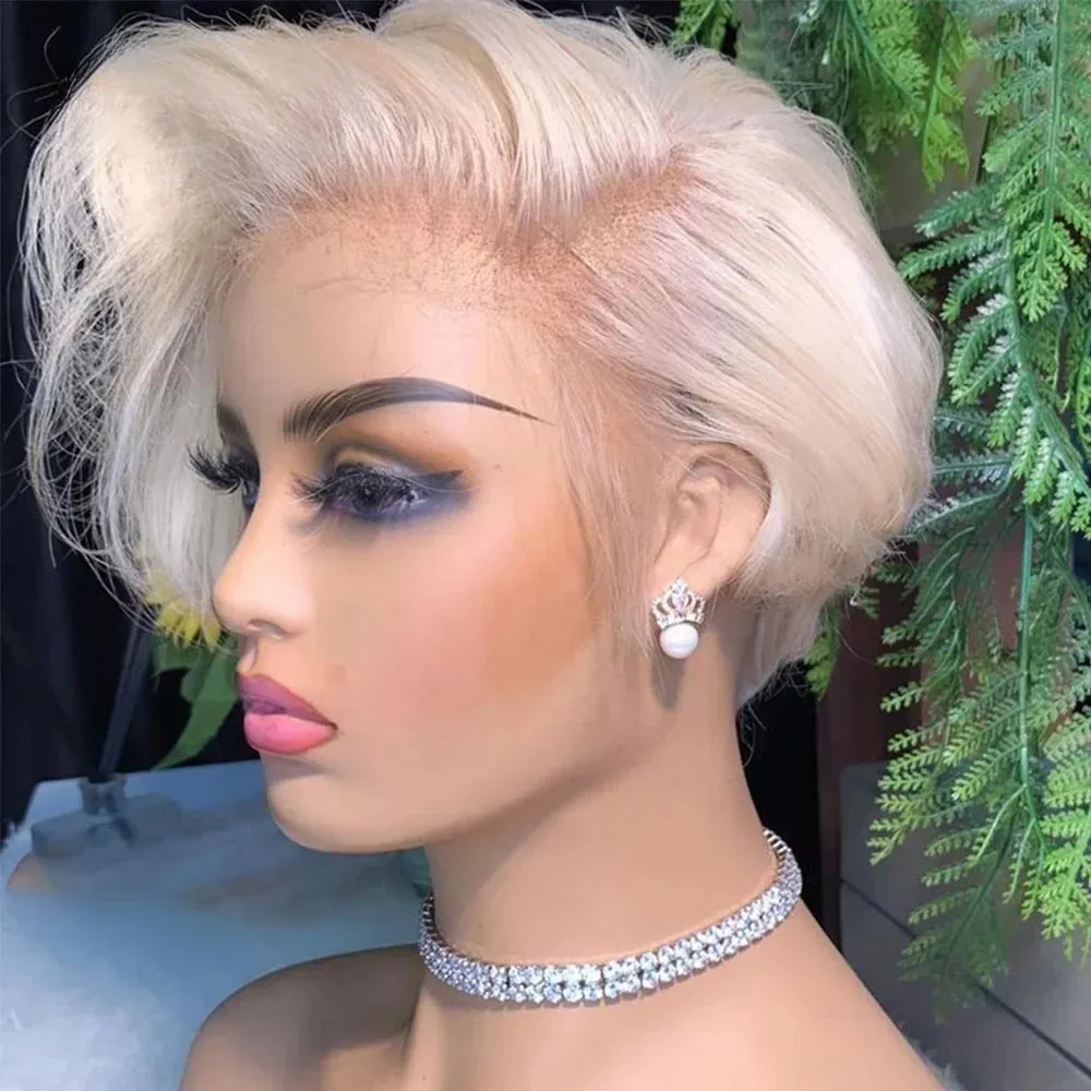 Pixie Cut Wig White Color Straight Side Part Wig 13x4 Short Bob HD Transparent Lace Front Wig Synthetic Heat Resistant For Women