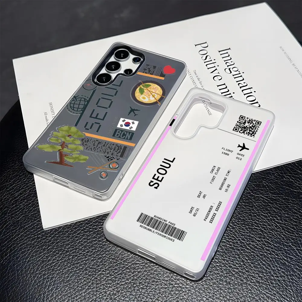 Plane Travel Ticket Korea Phone Case For Samsung Galaxy S25 S24 S23 Ultra Jelly Clear Case Soft TPU 2-in-1Shockproof Cover