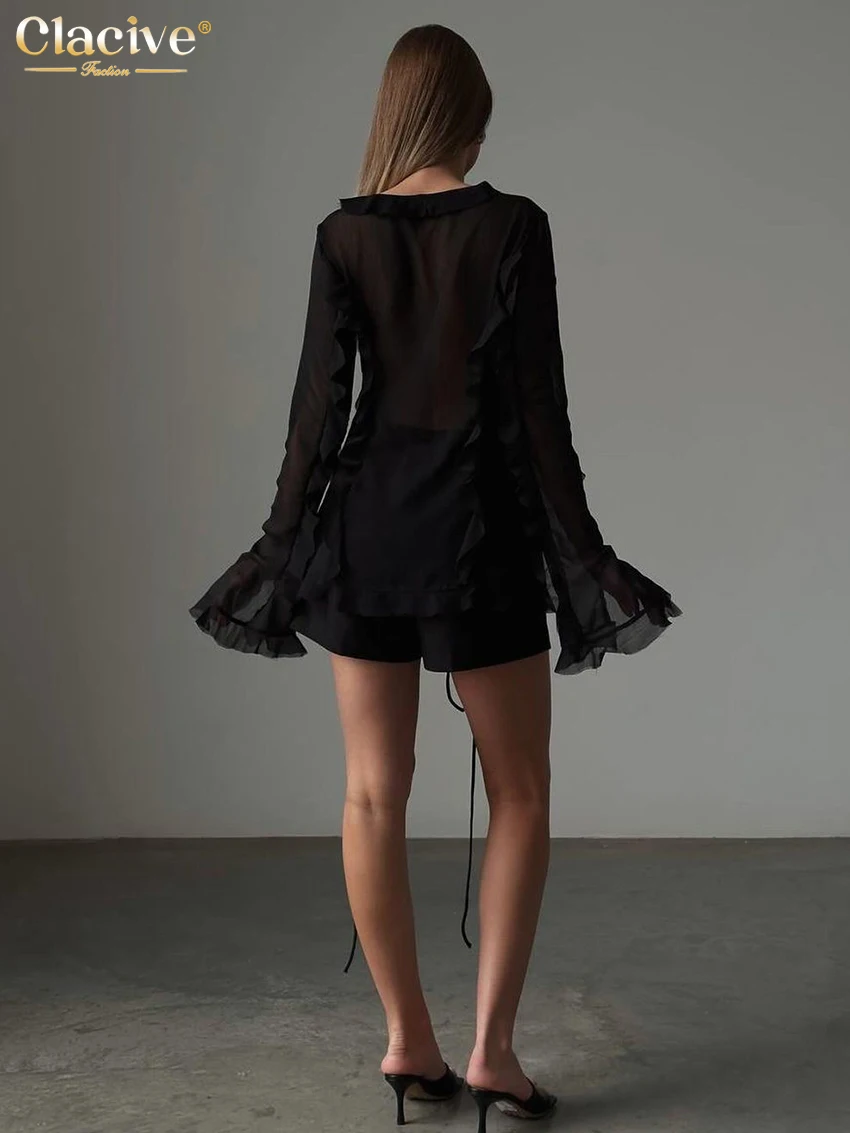 Clacive Fashion Loose Black Women's Shirt 2025 Sexy V-Neck Long Sleeve Shirts Elegant Classic Ruffle Lace-Up Top Female Clothing