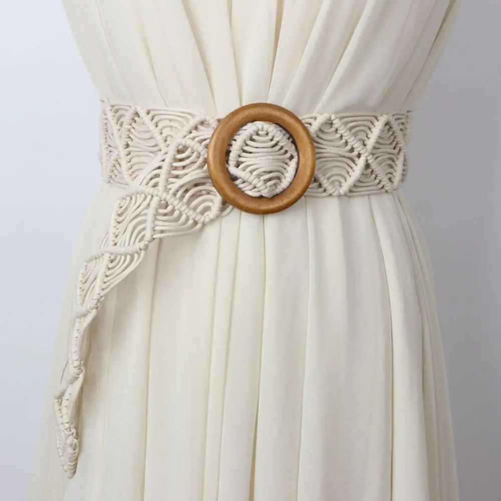 Waistbands Accessories Waist Rope Wax Rope Hand-woven DIY Women Waist Chain Braided Belt Round Wooden Button Ethnic Style Belts