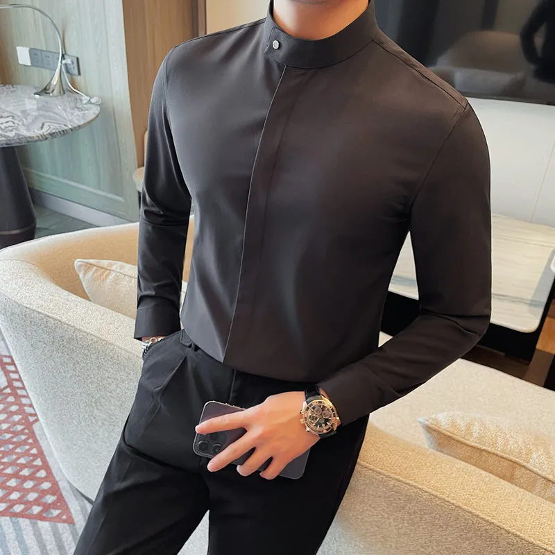 High Quality Concealed Button Shirts 2024 New Long Sleeve Slim Men Social Dress Shirt Formal Business Casual Prom Club Shirts