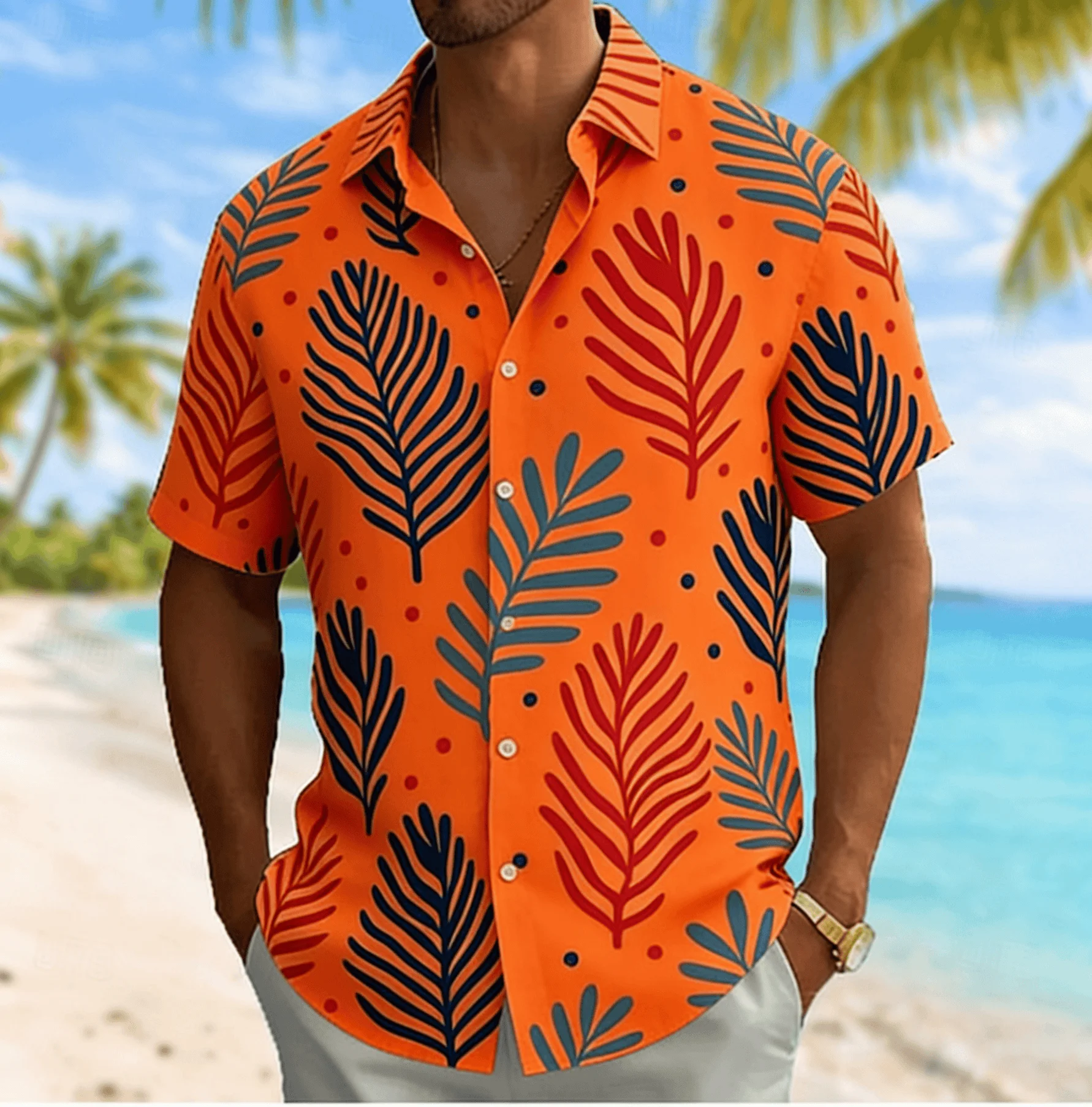 Southeast Asian Vacation Style Printed Shirt with Loose Sunflower Leaf Design for Men's Summer Thin Beach Casual Shirt