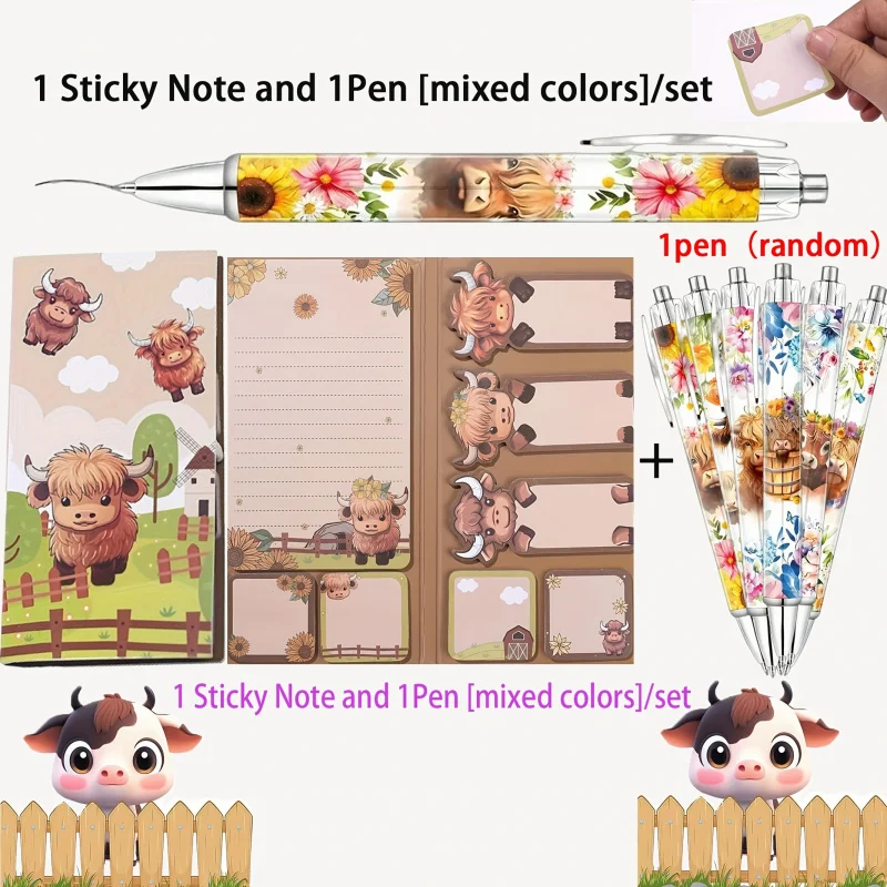 Highland Cow Set Includes（1 High-Quality Cow Sticky Notes + 1 High-Quality Cow Ballpoint Pen），336Zhang 8 Design Self-Adhesive An