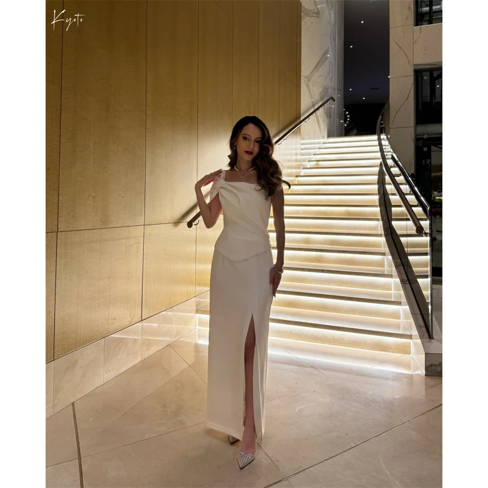 

Kyoto Customized Beige One Shoulder Pleats Wedding Dress Two-Piece Set Side Split vestidos de novia Ankle-Length Formal Evening