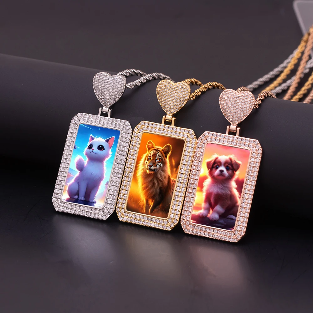 Hip Hop Jewelry DIY Custom Heart Hook Picture Pendant Square Frame Iced Out Inlaid CZ Zircon Memory Medal Photo Pendant Necklace