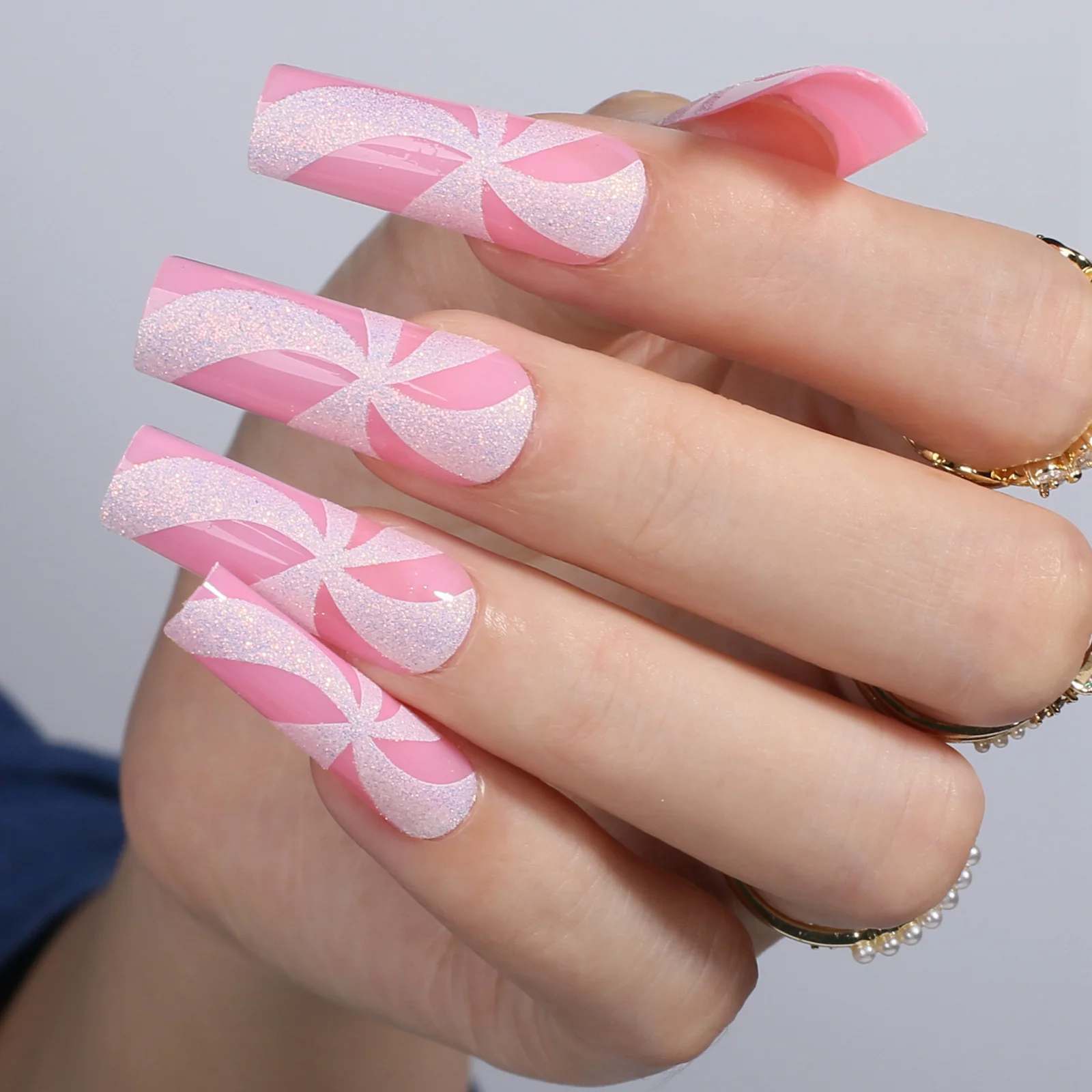 Deluxe lengthened Press on nails Pink Rectangular Acrylic Glitter nails Square Extra Flash Vortex Windmill ring Fake nails