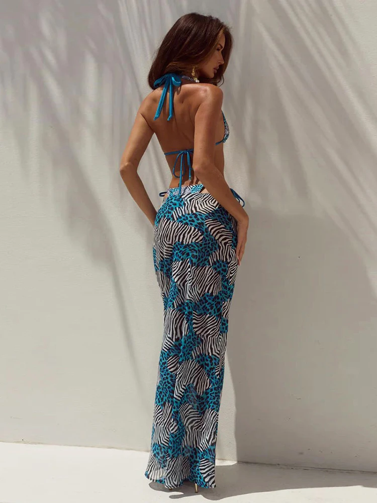 Costume da Bagno Estivo Trendy Whatiwear, Set 3 Pezzi da Donna: Bikini con Allacciatura al Collo, Slip e Gonna Lunga a Vita Alta Leopardata