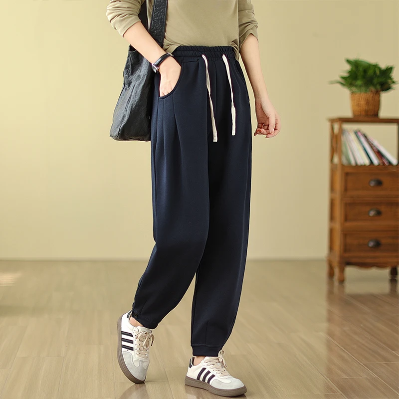 

2023 New Arrival Spring Autumn Women Vintage All-matched Cotton Ankle-length Pants Casual Loose Elastic Waist Harem Pants V756