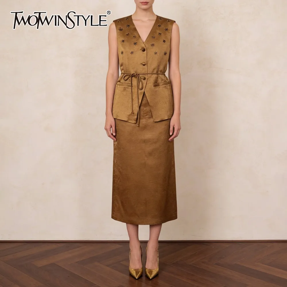 

TWOTWINSTYLE Solid Spliced Lace Up Two Piece Set Female V Neck Sleeveless Jacket Minimalist Luxury Women's Trousers Set Autumn