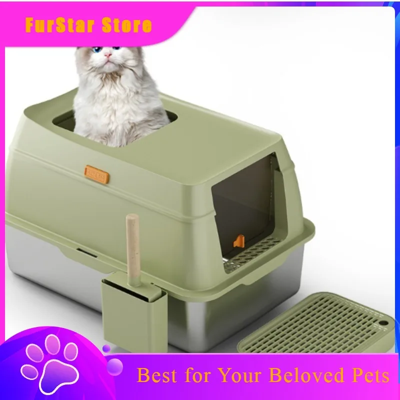 FurStarStainless Steel Litter Box: Enclosed Top-Entry Design To Prevent Tracking & Easy To Clean Pet Cat Litter Box And Pet Supp