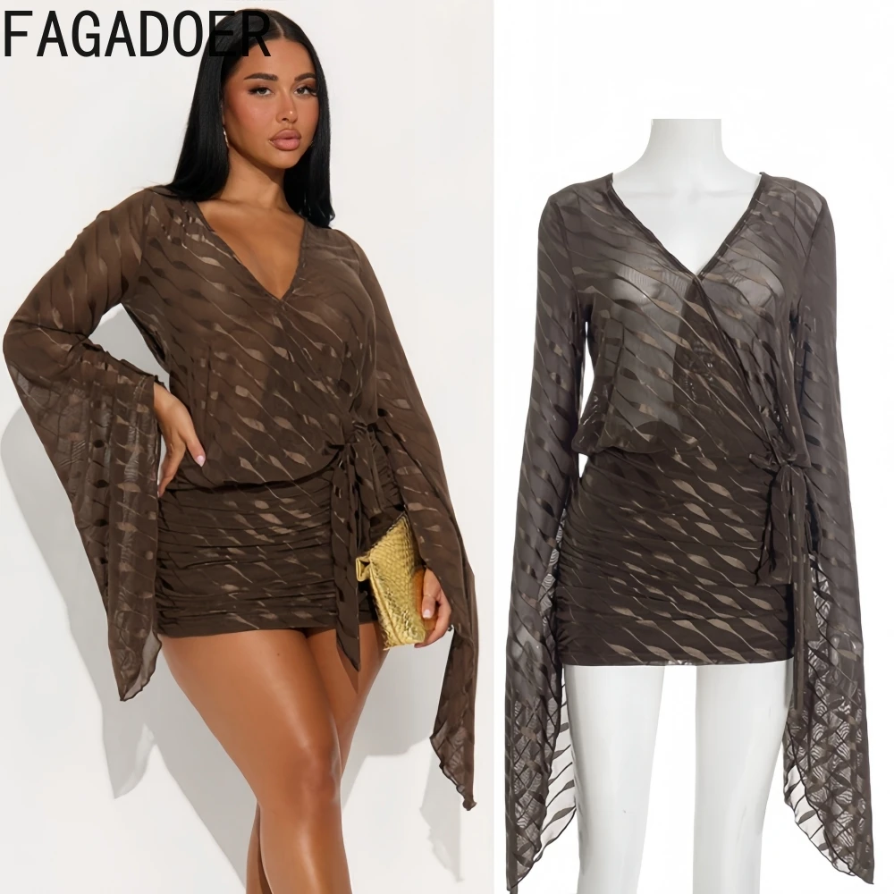 

FAGADOER Winter Sexy Wave Print Bodycon Dress Women Deep V-neck Bell Sleeve Ruched Patchwork Dress Female Streetwear Vestidos
