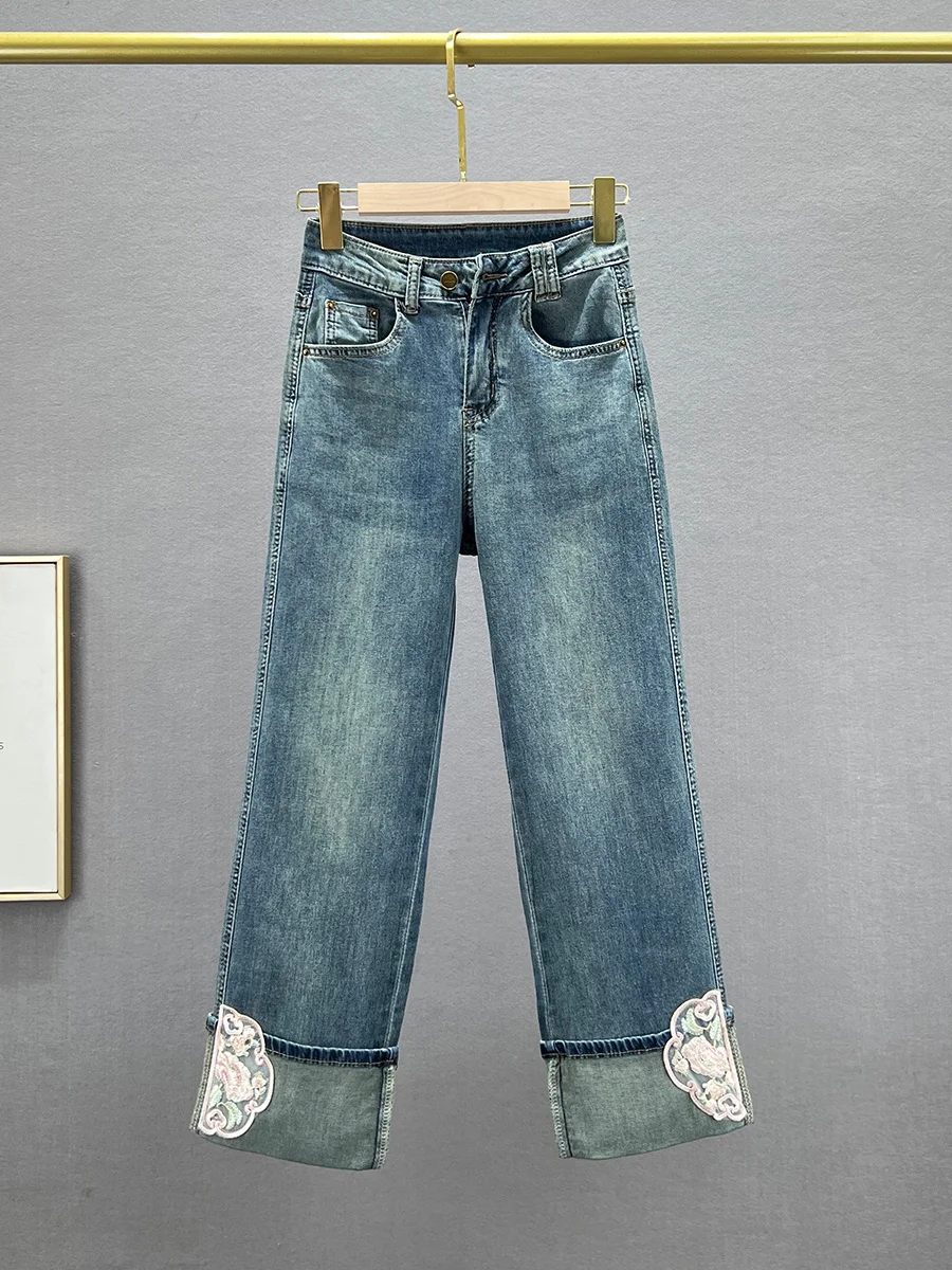 

Chinese Sle High Waist Straight Leg Jeans Women's Trendy 2024 New Spring Summer Loose Slimming Embroidered Eighteen orts