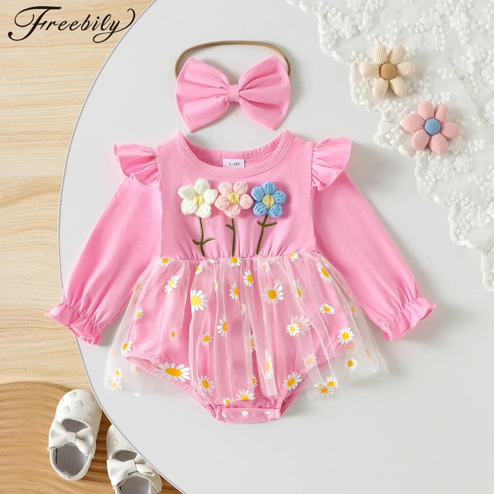 

Baby Girls Spring Fall Sweet 3D Flowers Romper Dress Long Sleeves Jumpsuit with Headband Kids Birthday Party Cake Smash Outfits