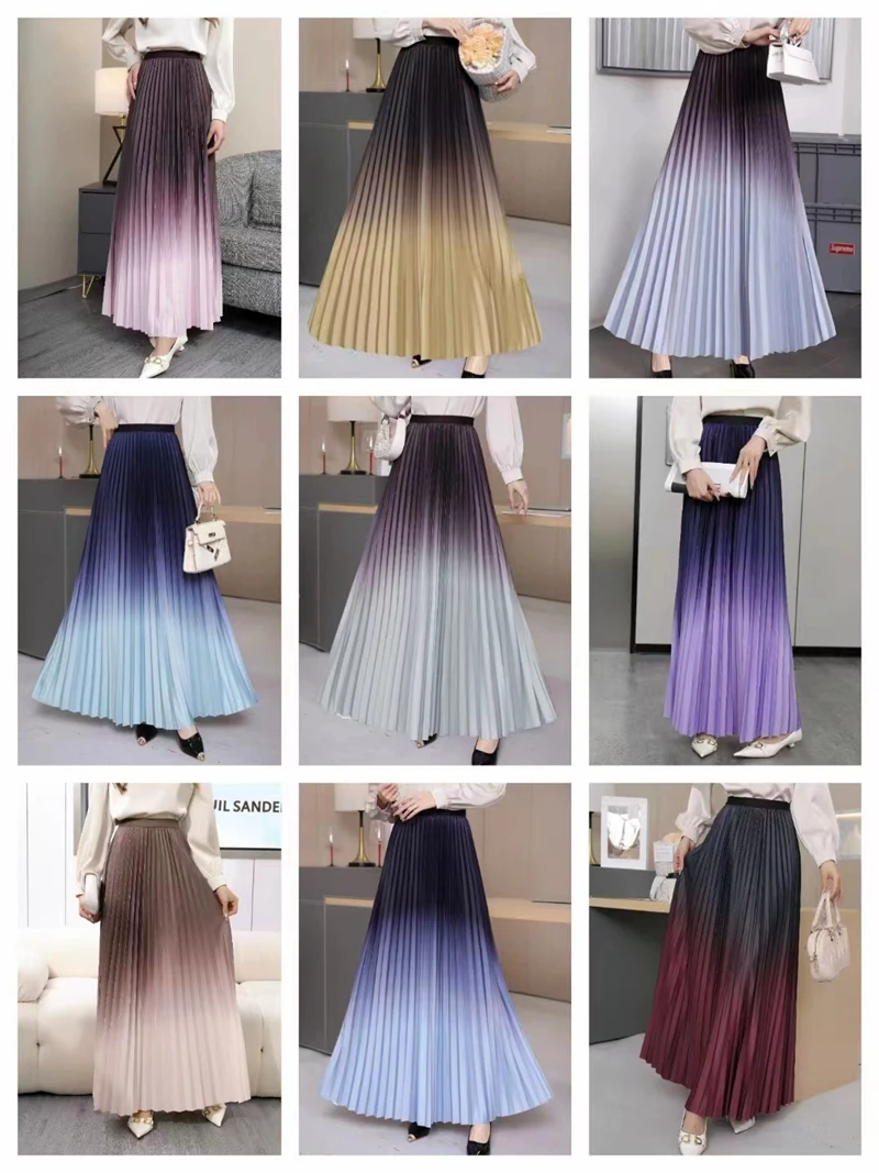 Pleated Skirt Women Floor-Length Long Skirt Korean Fashion Gradient Elastic High Waist A-line Dance Party Skirt Spring Autumn