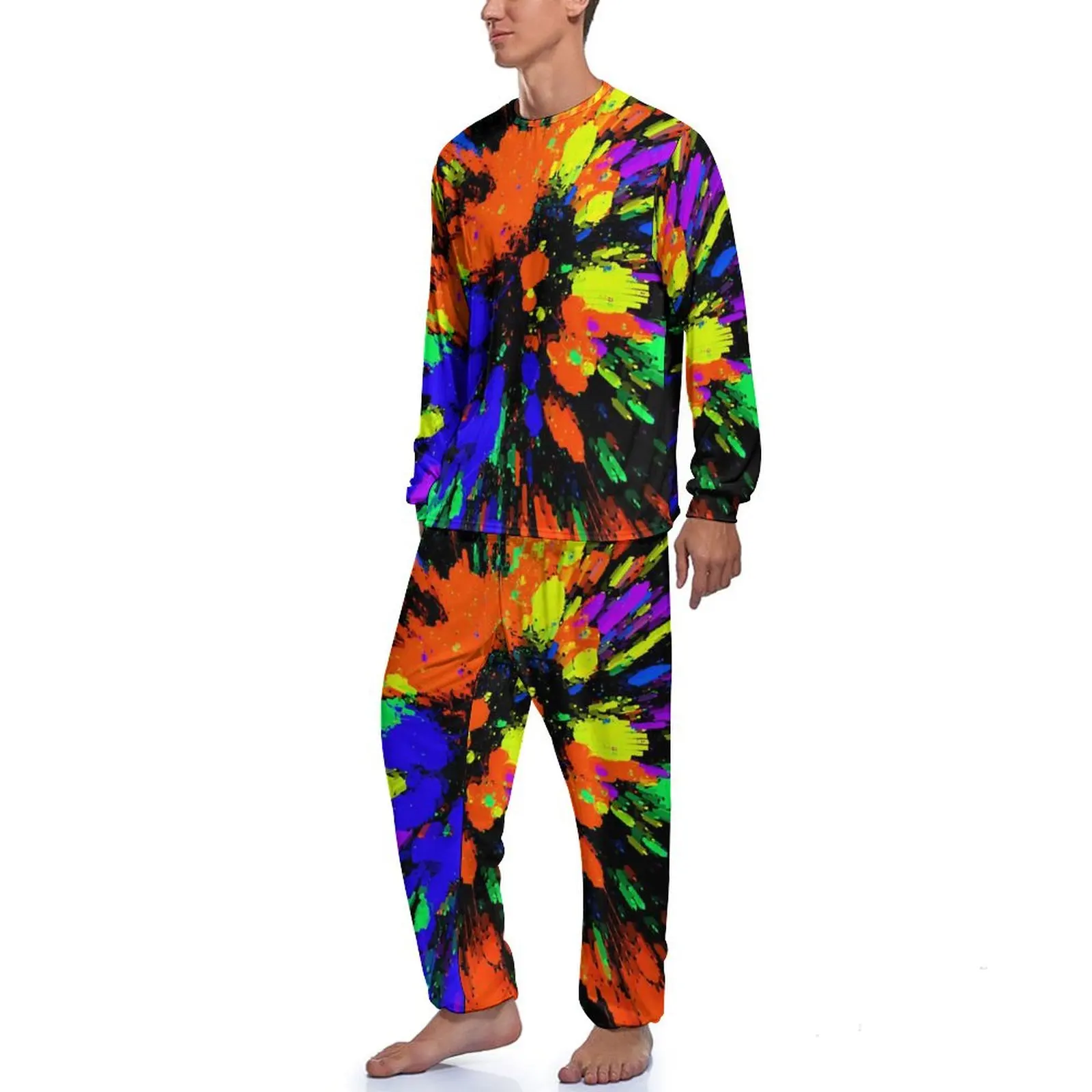 Neon Paint Pajamas Long-Sleeve Blue Purple Green 2 Pieces Aesthetic Pajama Sets Daily Men Design Kawaii Home Suit