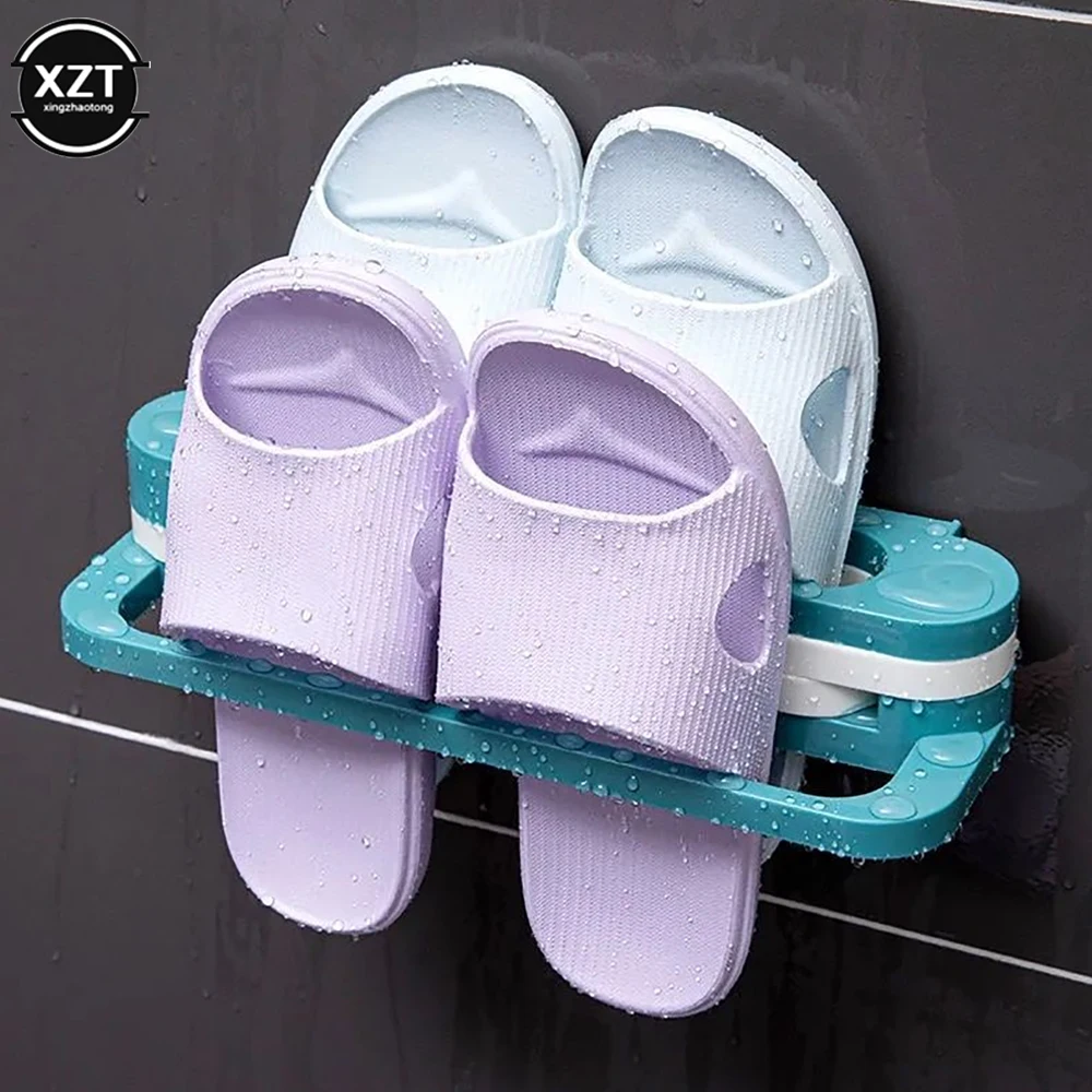 3 in 1 Shoes Rack PP Sandals Slippers Hanger Wall Mounted Folding Adhesive Towel Storage Shelf for Home Bathroom Storage Tools