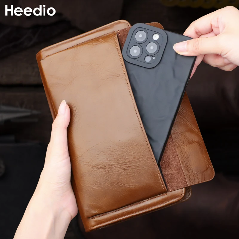 Double Zipper Clutch Wallet Genuine Leather Men\'s Long Wallet Storage Phone Holder Card Slot Passport Purse Clutch Bag Handbag