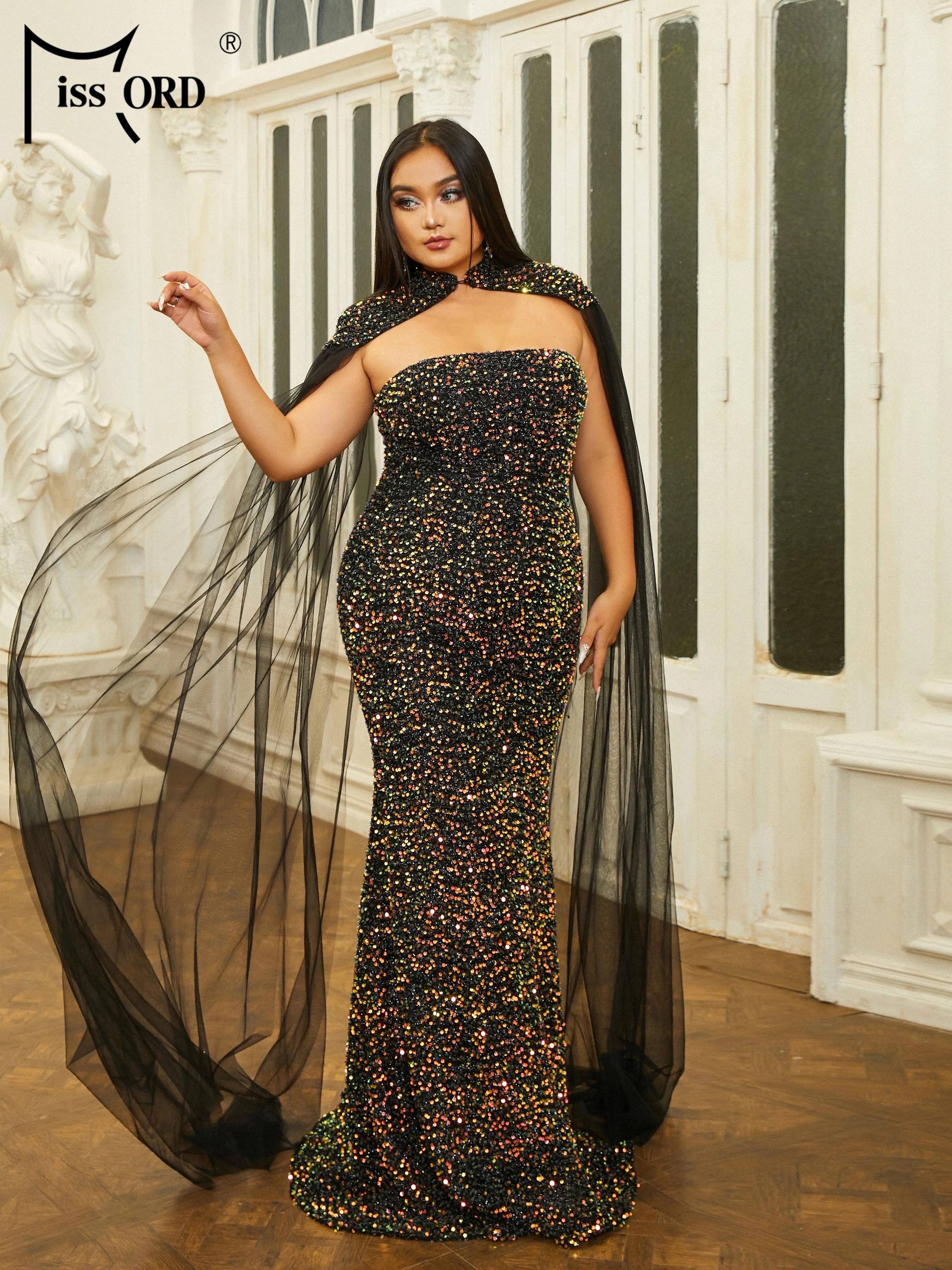 Missord-Vestidos de Fiesta elegantes de talla grande para mujer, vestidos negros sin tirantes con lentejuelas de sirena, vestidos formales de noche