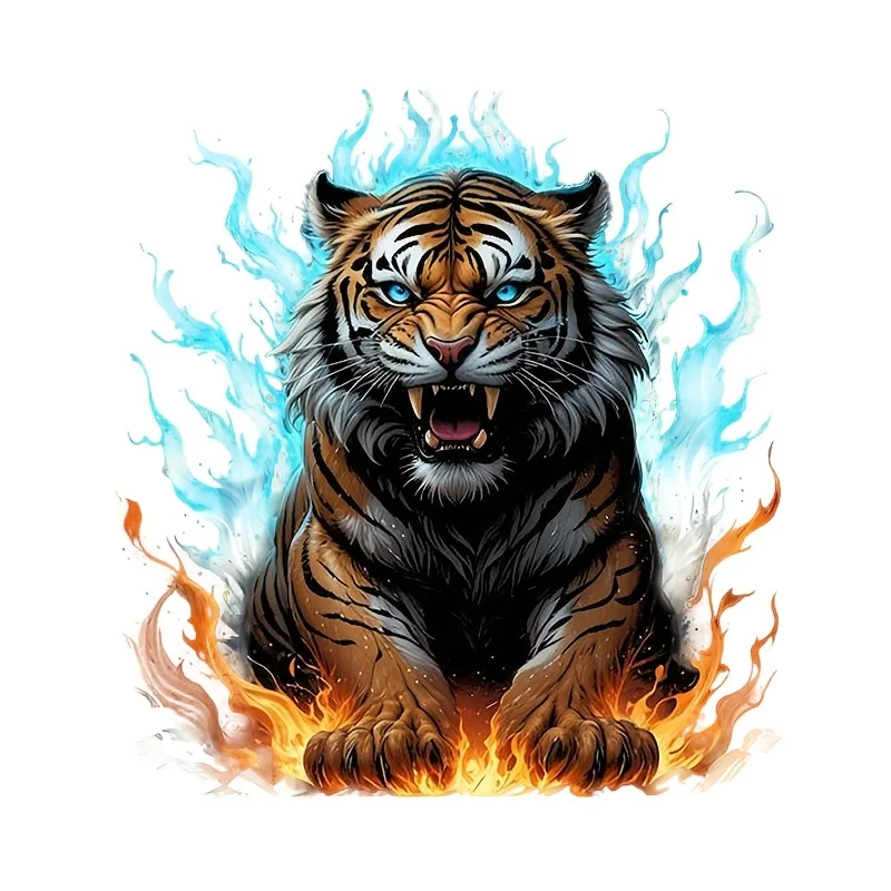 1Pc 2D Flat Fire Tiger Vinyl Sticker, Waterproof Decal For Car Motorcycle Laptop Bottle Phone Wall Cup Decor, Holiday Gift