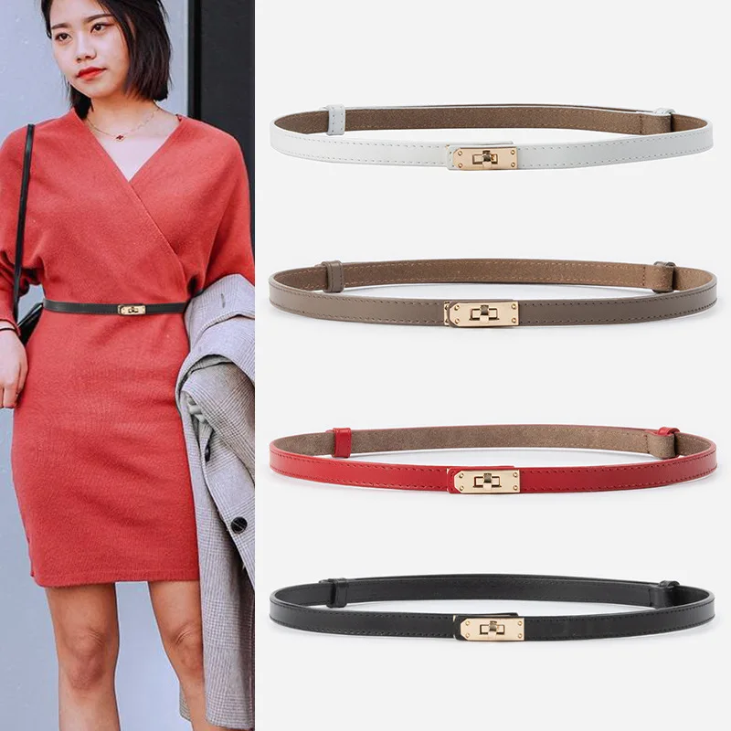 

Women Belt Genuine Leather Golden Lock Buckle Waistband Thin Belt Simple Decoration With Skirt Suit Dress Sweater Girdle