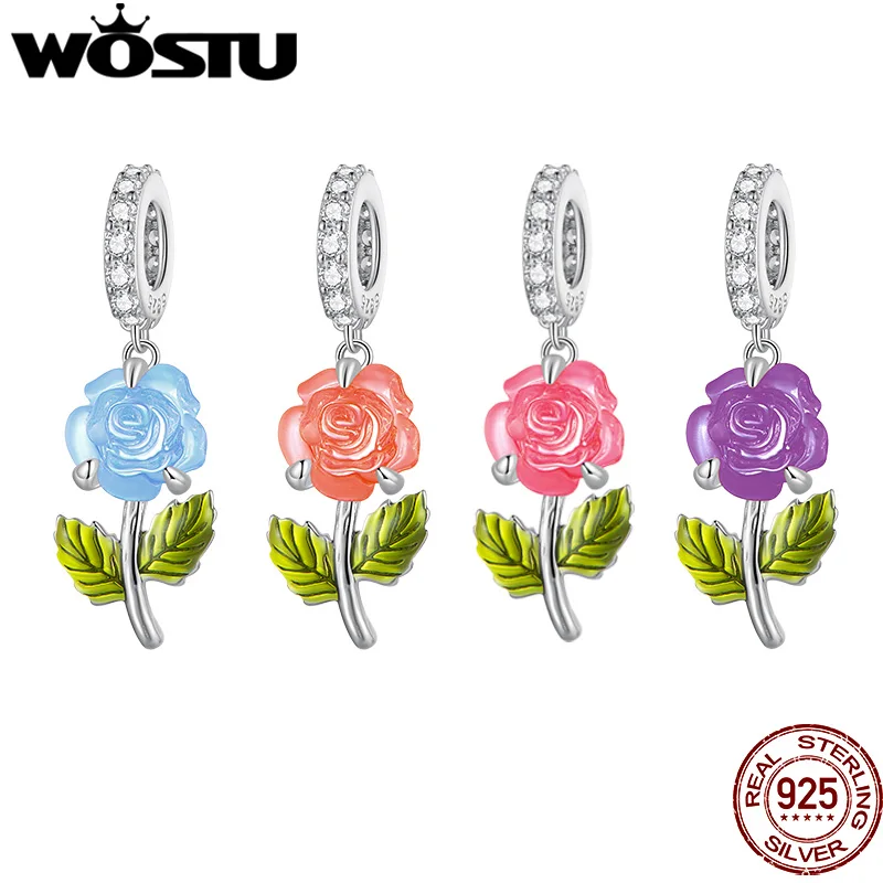 WOSTU Real 925 Sterling Silver Change Color Charms Pendant Rose Flower Beads for DIY Bracelet and Necklace Jewelry Making Gift