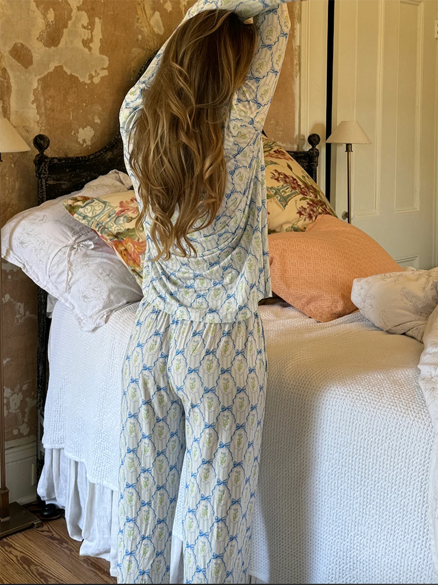 Женский комплект из двух предметов для отдыха с длинным рукавом, клетчатая рубашка с цветочным принтом, брюки, комплекты одежды для сна