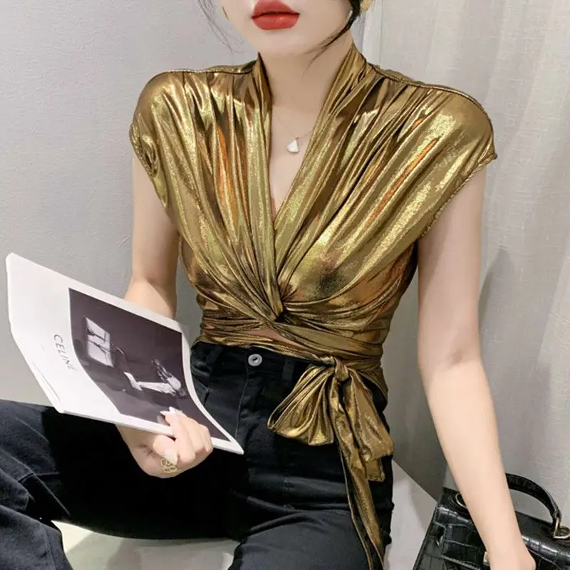 Shiny Short Sleeve Wrap Blouse Shirts Women Summer Bandage Silver Glitter Top Female V Neck Party Club Fashion Woman Blouse 2023