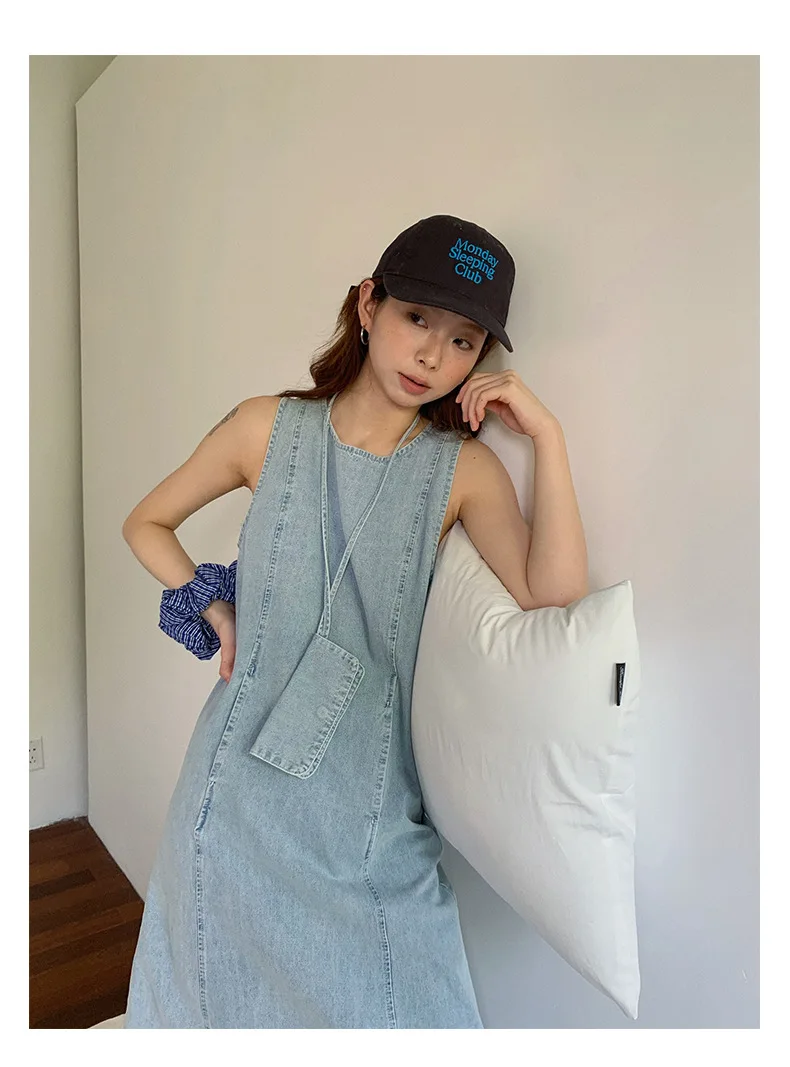 Kamizelka Sukienki dla kobiet Denim Długa sukienka Okrągły kołnierz Bez rękawów Distressed Vintage Vestidos 2025 Kobieta Streetwear A Line