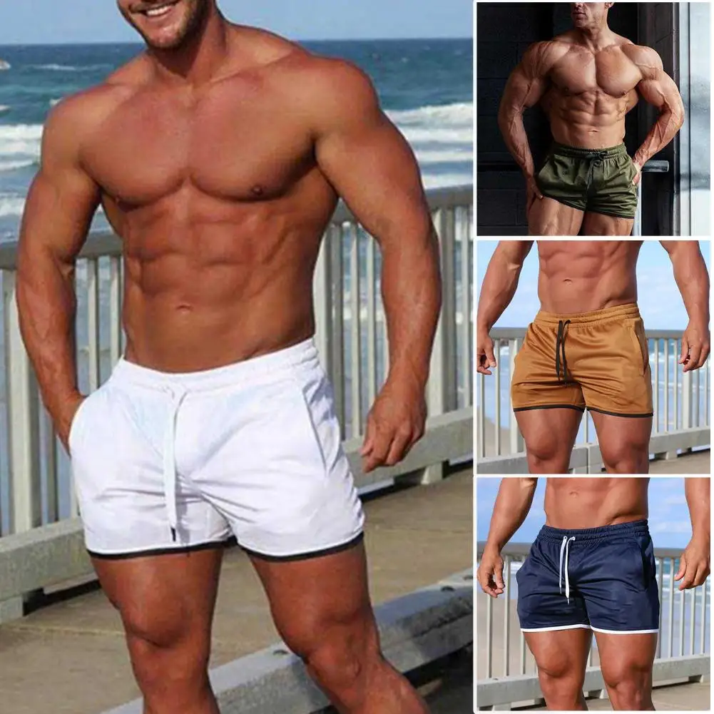 Men Shorts Mid Waist Solid Color Quick Drying Soft Drawstring Design Short Pants for Workout Fitness Daily Wear Men Clothes