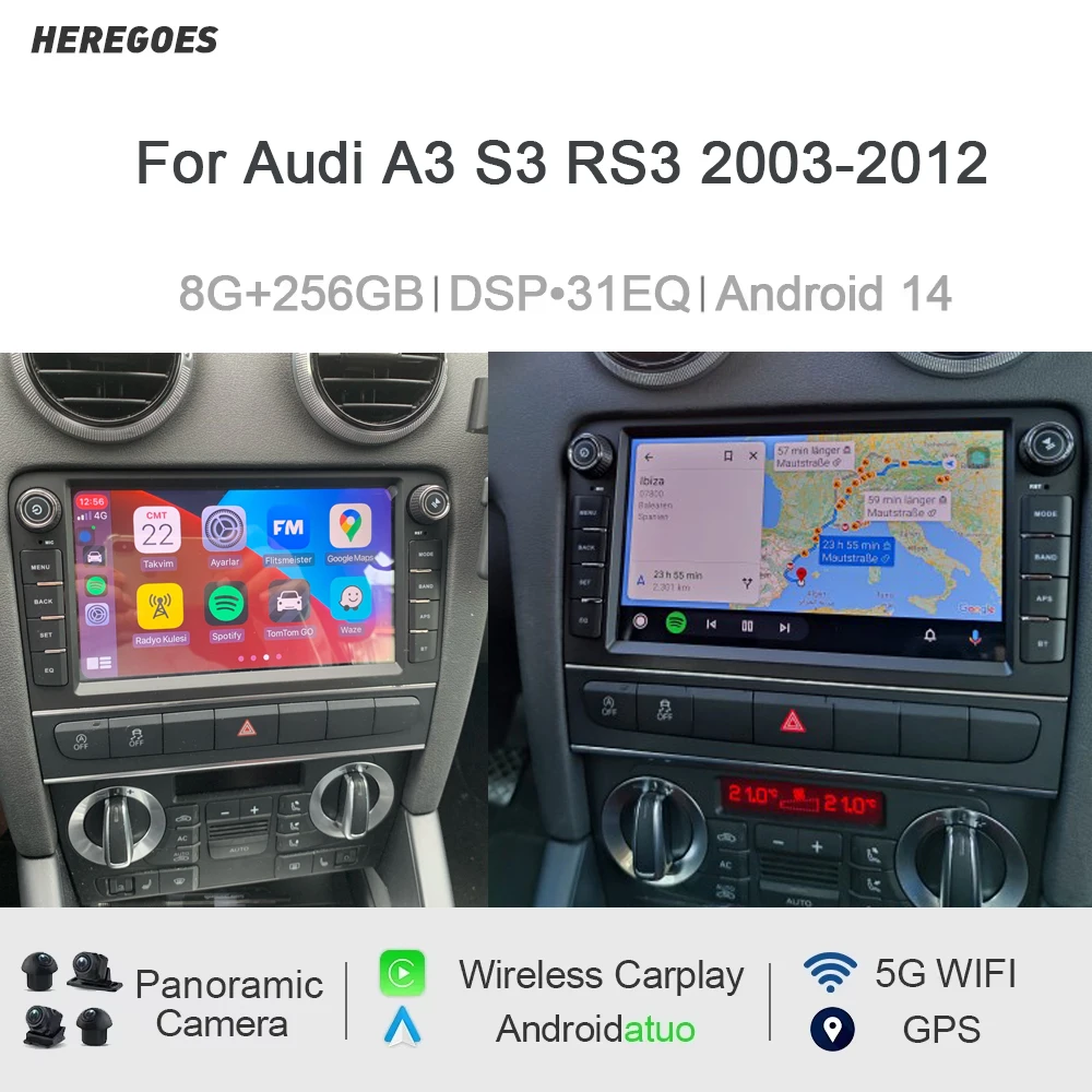 

8 ГБ + 256 ГБ Carplay 8 "Android 14.0 мультимедийный автомобильный плеер sterero Bluetooth GPS авторадио навигация для Audi A3 S3 RS3 2003-2012