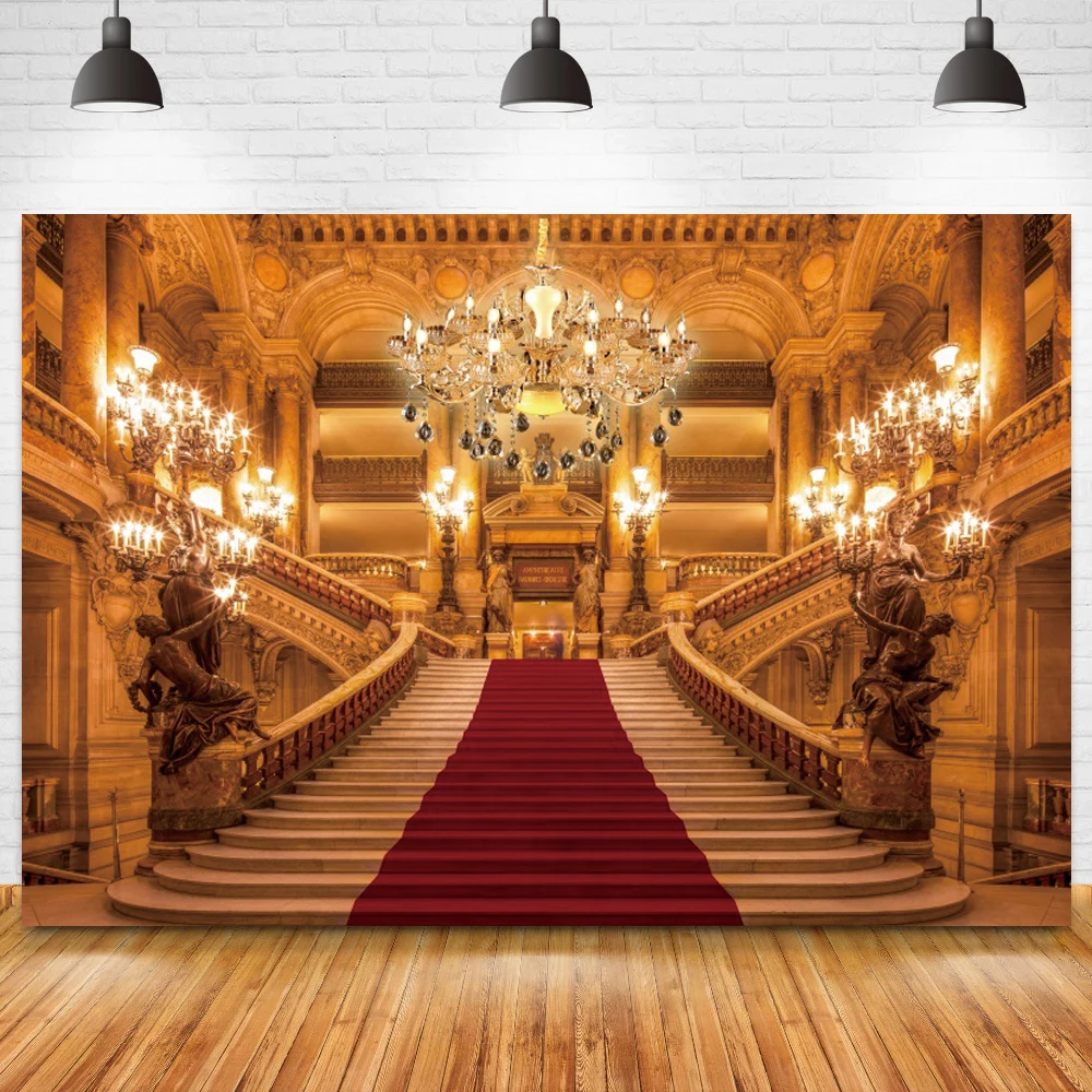 Royal Palace Retro Castles Photography Background Crystal Chandeliers Staircase Beauty Princess Girl Birthday Backdrop Photocall