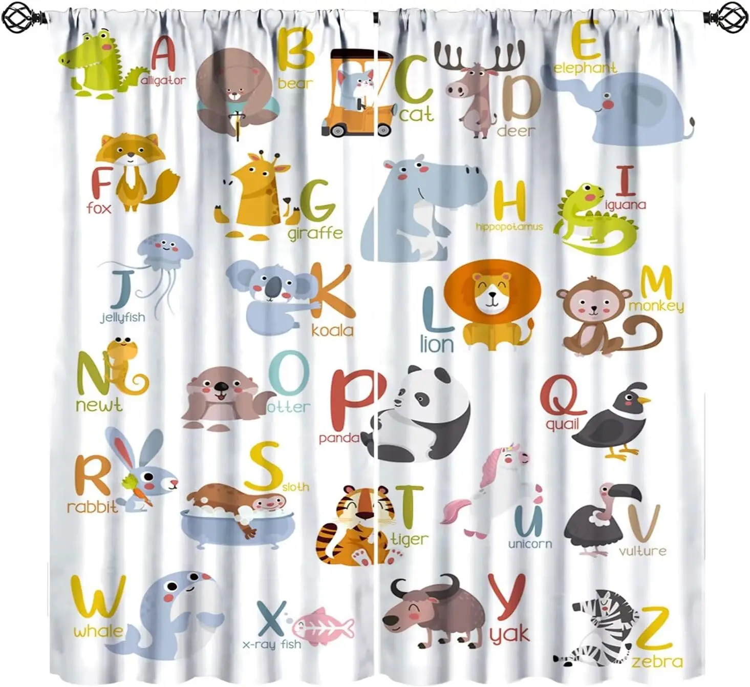 2 Panels Cartoon ABC Animal Alphabet Blackout Curtains Cute Zoo Creature Letter Word Print Drapes Early Learning Kids Toddler