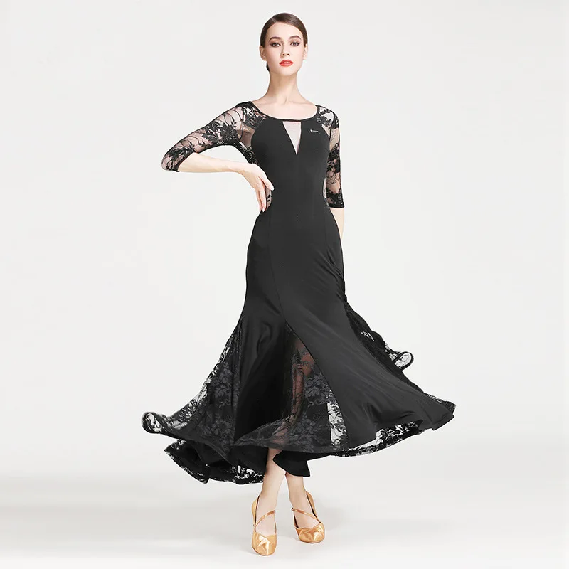 Vestido de dança moderno de renda personalizado, manga média, s7008, padrão nacional, vestido de dança, 4 cores, valsa, roupas de prática, saia