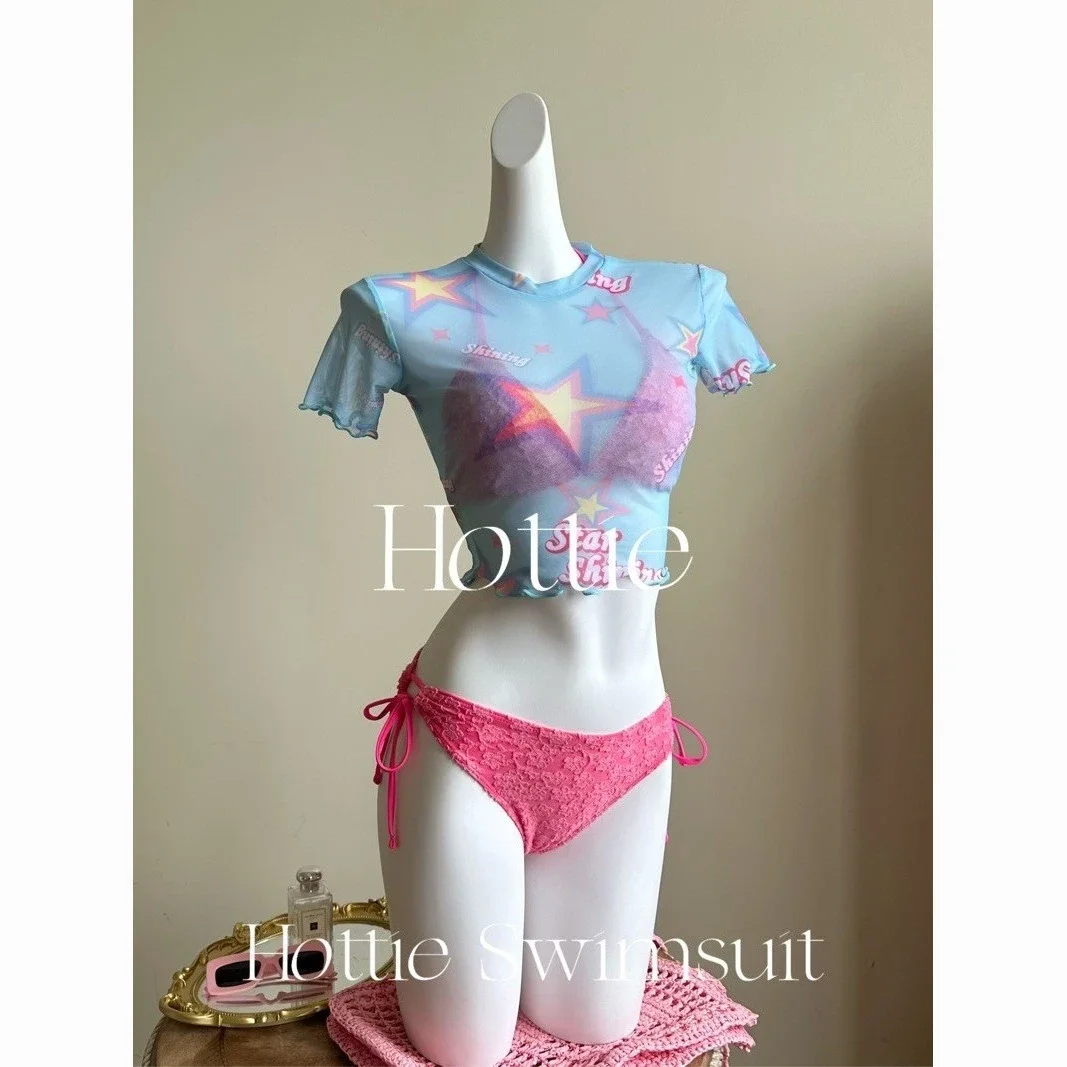 American Sweetheart Star Print Three Piece Bikini Set Mesh Cover Up Lace Swimsuit For Beach Pool