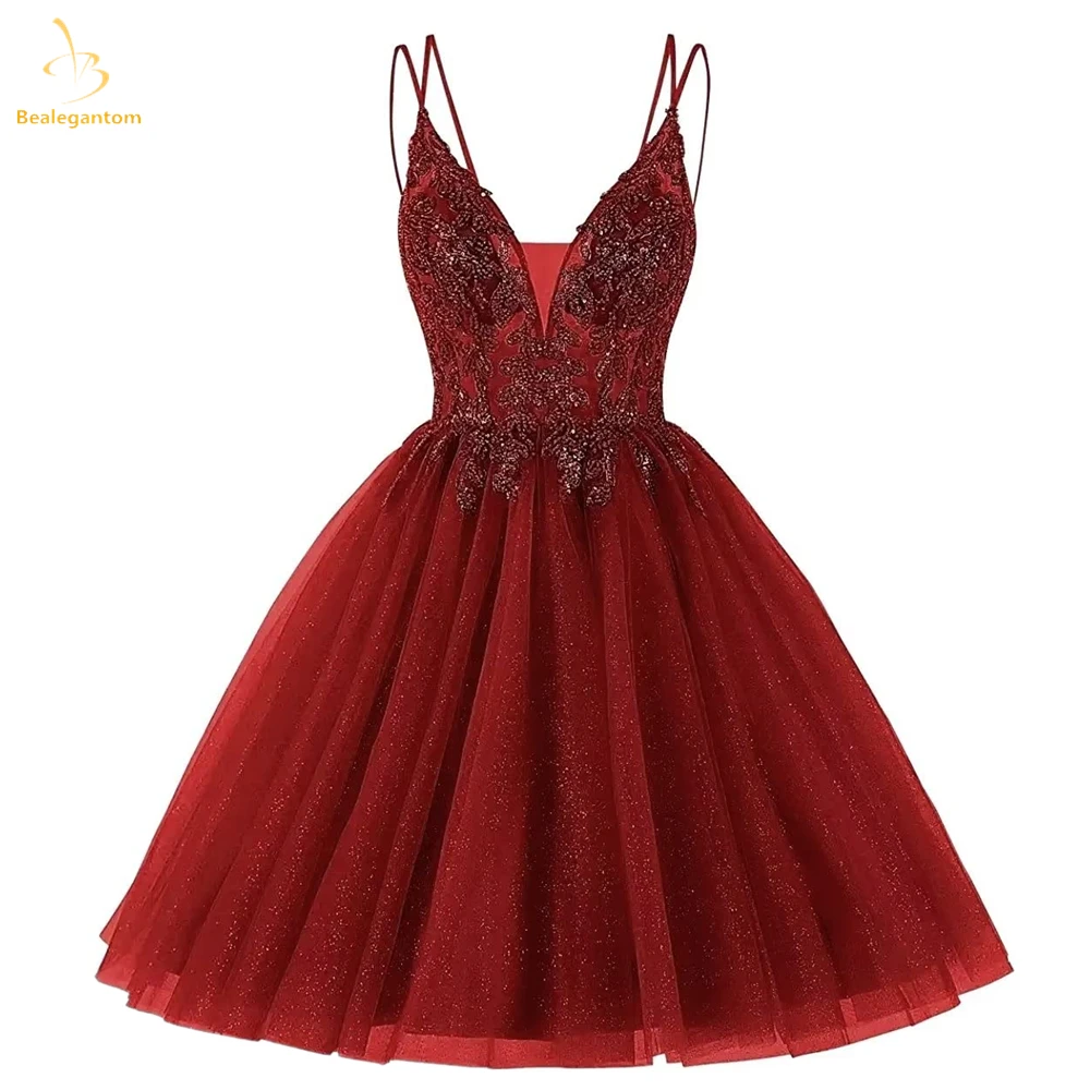 Bealegantom Spaghetti Strap V Neck Short Homecoming Dresses A-Line Backless Beaded Mini Prom Cocktail Graudation Party Gowns