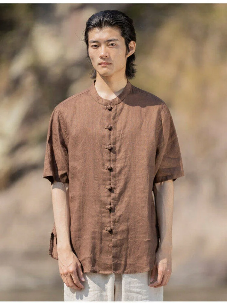

Pure Linen ort Sve irt Men's Summer Faion Retro Tang Costume New Chinese Sle Button up Cotton Linen irt Jaet