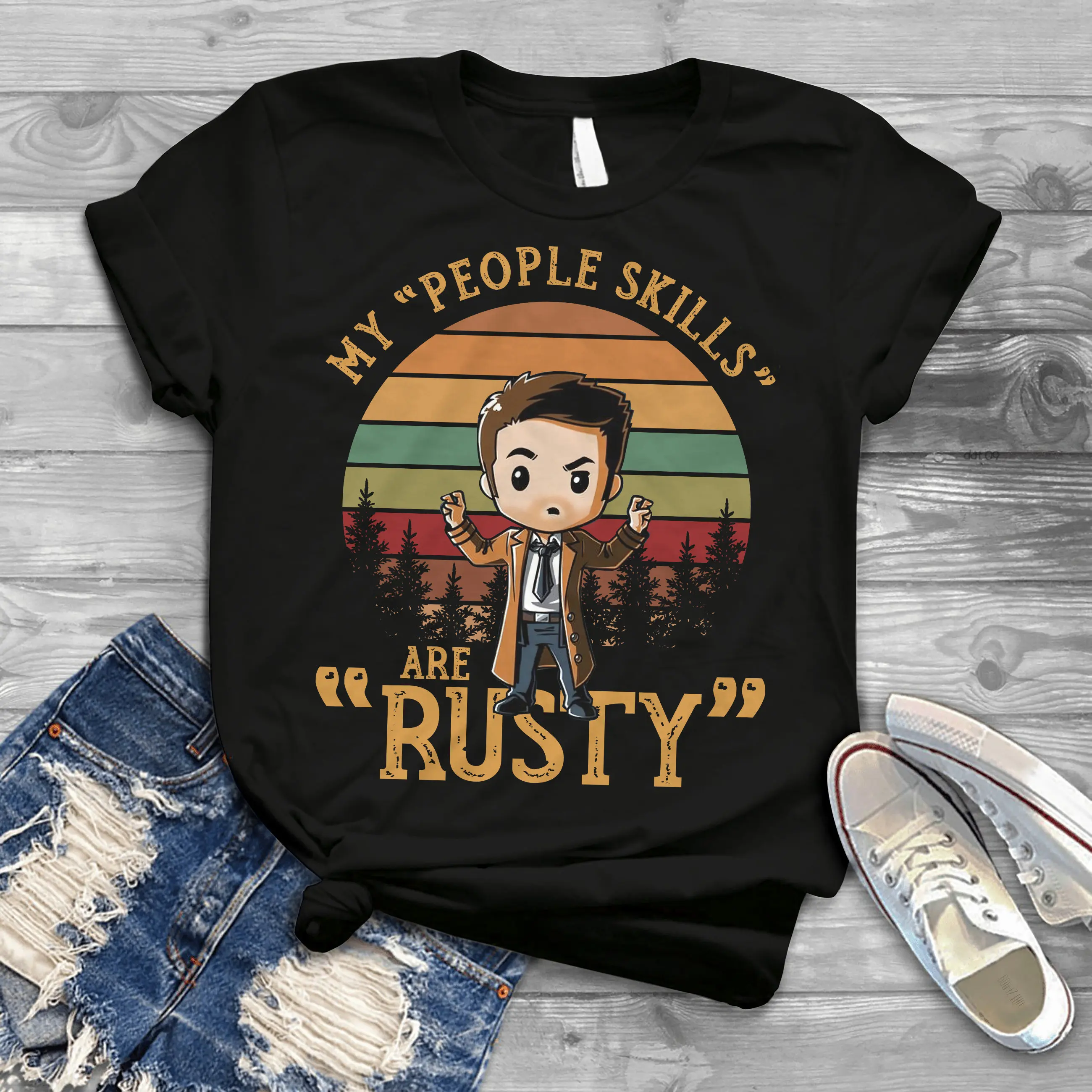 Castiel Supernatural My People Skills Are Rusty Cartoon Vintage T Shirt Winchesters Dean