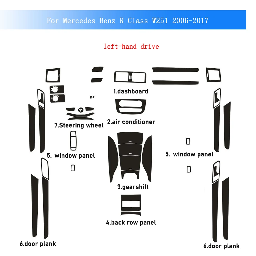 Carbon Fiber Interior Trim Sticker For Benz R Class W251 2006-2017 Central Console Gear Shift Panel Door Handle Cover Trim