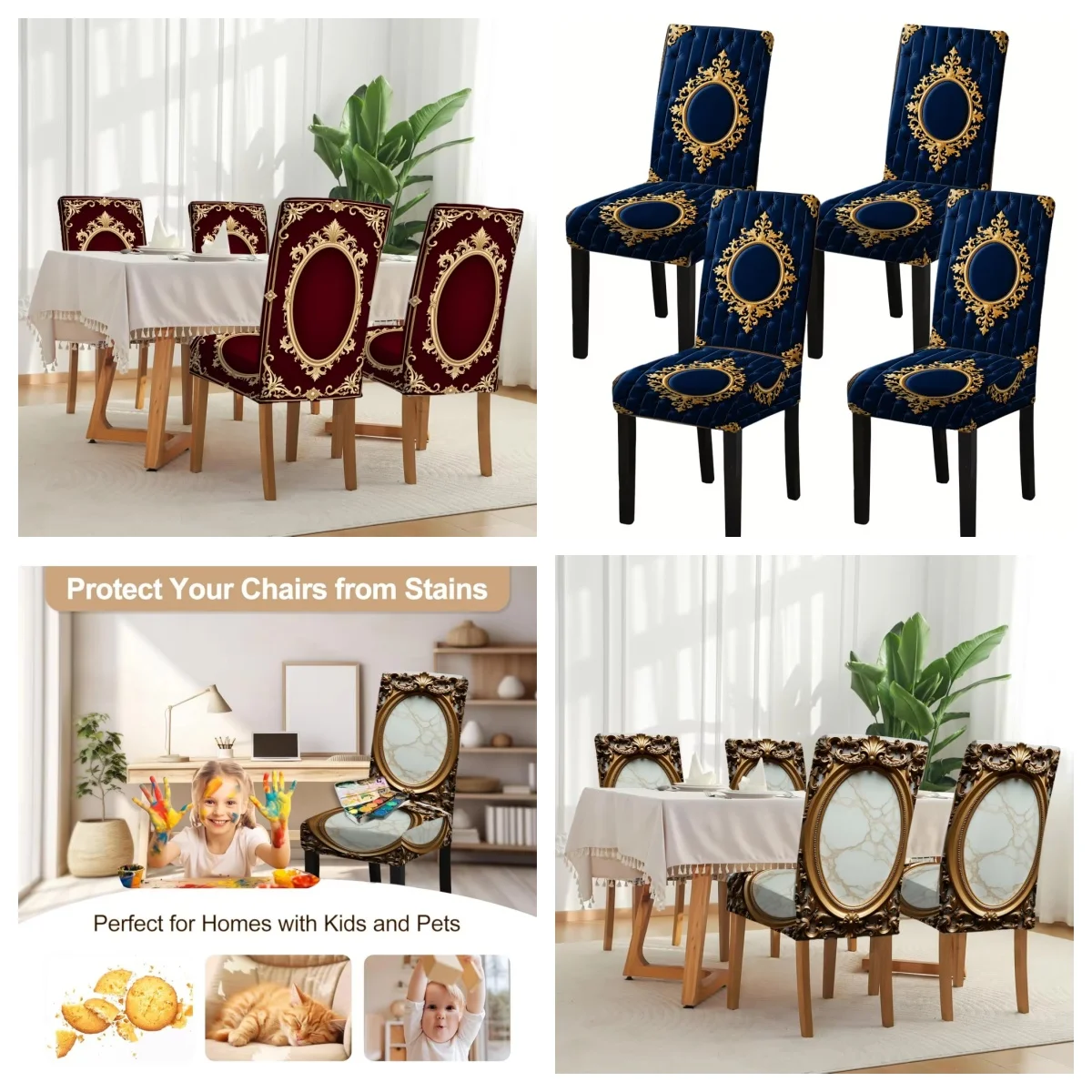 2/4/6 PCS Luxury Baroque Printed Elastic Dining Chair Set 2D Washable Damascus Pattern Chair Protective Cover Home Decoration