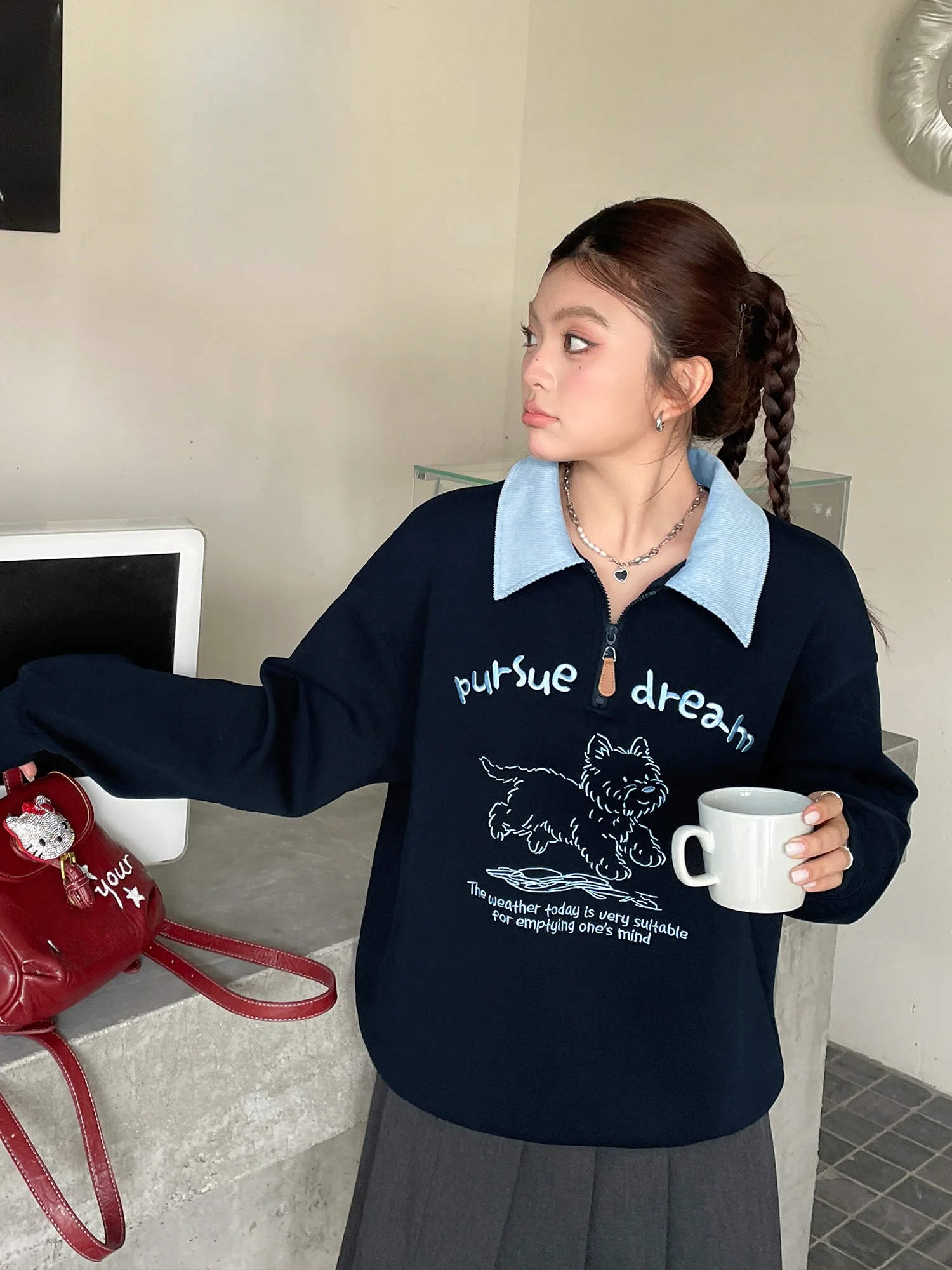 

Свободный свитшот с вышивкой для женщин, весенне-осенний, модный, повседневный, с длинными рукавами, на молнии, дышащий, удобный