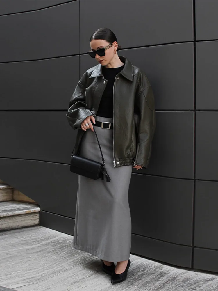 

Women's Vintage Green Leather Jacket Notched Collar Long Sleeve Loose Fit Outerwears Coat 2025 Autumn Chic Street Outerwears