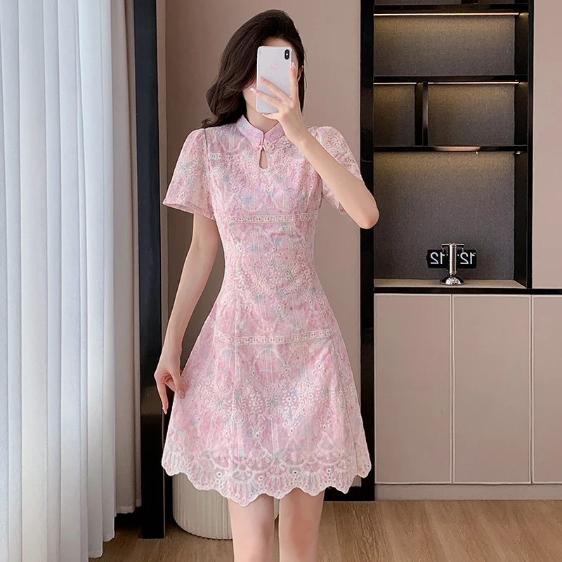 Chinese Style Elegant Summer Flower Embroidery Dress New Women Stand Collar Hollow Out High Waist Slim Prom Party Clothes