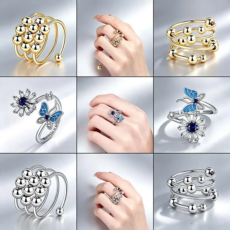 Trendy Anti Anxiety Multilayer Round Bead Spinner Ring Fidget Crystal Daisy Rotate Jewelry Ladies Banquet Rings Gift Accessories