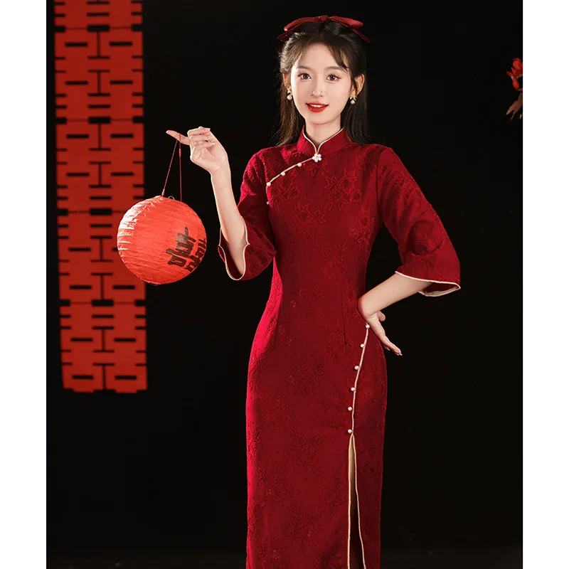 Sexy Burgundy Long Qipao Traditional Chinese Dress Vintgae Classic Mandarin Collar Cheongsam Jacquard Vestidos Oriental Clothing